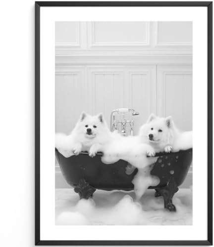 MJ-GRAPHICS® | Badezimmer Deko Bilder - Hunden Badezimmer Deko Bild Schwarz-Weiß | Witzige Wanddekoration für Toilette - lustige Wanddeko - WC Toilette Deko| Din A2 Qualitätsdruck - ohne Rahmen