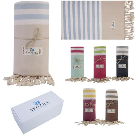 AYOZHA Luxus Hamamtuch XXL 180x95 cm - 100% Baumwolle Schnelltrocknend Sandfrei vorgewaschen kompakt - Perfekt für Strand, Sauna, Picknick und Reise (Beige - Pastellblau)