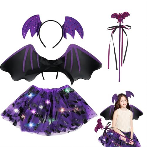 Meleager Costume Chauve Souris Fille, Deguisement Halloween Enfant, 4 Pièces Costume de Chauve-Souris avec Violet Tutu, Ailes, Baguette et Serre-Tête pour Halloween, Carnaval, Cosplay Party