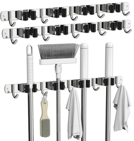 3-H Lot de 2 Accroches Balai Mural,2-en-1 (Fixation Adhésif ou Vis), Porte Balais Mural sans Percage- 4 Supports & 5 Crochets en Acier Inoxydable 304 pour Salle de Bainen,Garage,Cuisine,Argent
