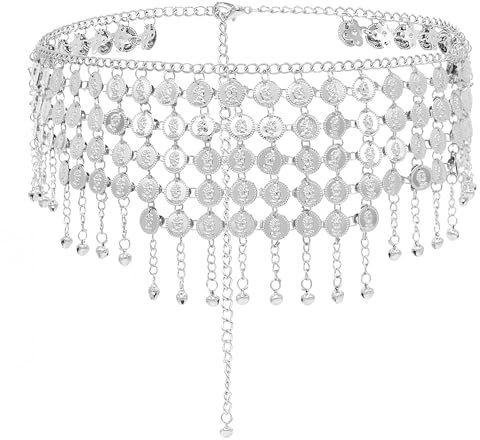 Pandalein Damen Gürtel Mode Taillengürtel Metall Kettengürtel Fransen Bauchtanz Gürtel Münzgürtel Verstellbare Hüftkette Taillenkette für Kleider (Silber)
