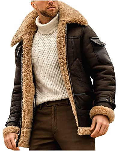 RLEHJN Lederjacke Herren, Männer Winterjacke Winter Kurzmantel Mit Teddyfutter Wasserdicht Teddy Fleecejacke Wintermantel Herren Warm Biker Motorrad Pelz Mantel Jacke 2024