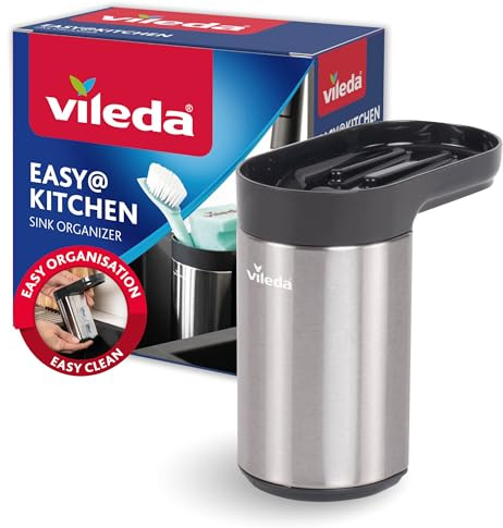 vileda Schwammhalter Spülbecken Edelstahl - Ohne Bohren Schwammhalter Küche mit Saugnapf - Mini Spülbecken Organizer für Schwämme & Bürsten - Rostfrei, Langlebig & Einfache Anbringung