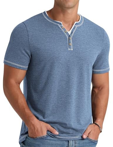NITAGUT Men's Henley T-Shirts Short Sleeve Front Placket V-Neck Shirts Tops Summer Casual Fashion Tee Tops,Blue,XL