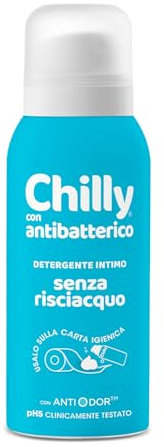 Chilly Senza Risciacquo, Detergente Intimo Senza Risciacquo Antibatterico, Da usare sulla Carta Igienica, Protezione igienizzante, Formula in Mousse a pH5, Con Anti-Odor, Clinicamente Testato - 100ml