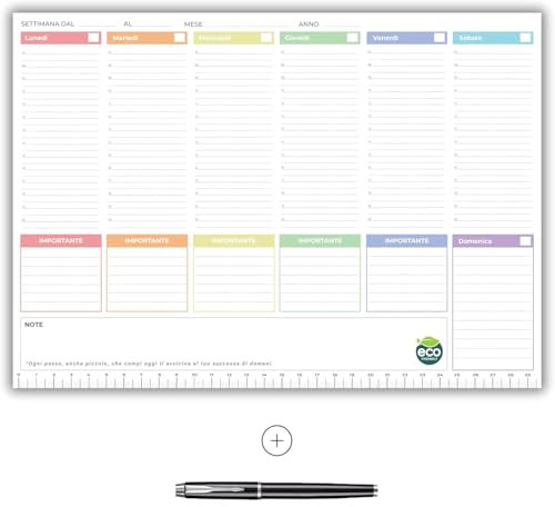 Planner Settimanale da tavolo 2025 Con Penna Professionale in Omaggio, Formato A4, Cartoncino di Supporto, Data Personalizzabile, 50 fogli a strappo, Agenda settimanale 2025