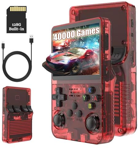 KINMRIS R36S Retro Handheld Spielkonsole, Retro Konsole 3,5-Zoll-IPS-Bildschirm, 128 G über 40.000 Spiele, tragbare Spielkonsole für Kinder und Erwachsene, unterstützt mehrere Emulatoren (Hellrot)