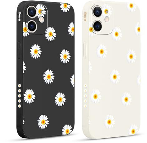 Yirlbey 2 Stück für iPhone 12 Hülle 6,1 Zoll Handyhülle mit Blumen Gänseblümchen Muster Cute Aesthetic Motiv Case, Weiche Dünn Schwarz Beige Silikon TPU Kameraschutz Stoßfeste Schutzhülle