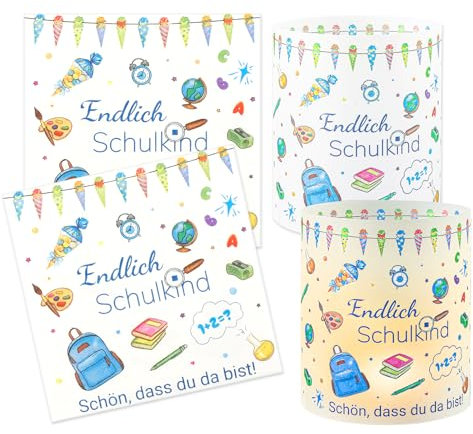 32 Stück Servietten Einschulung und 12 Windlicht Tischdeko, Schön Dass Du Da Bist Endlich Schulkind Tischdeko Einschulung Deko 2025 Schulanfang Deko Mädchen Junge Kinder