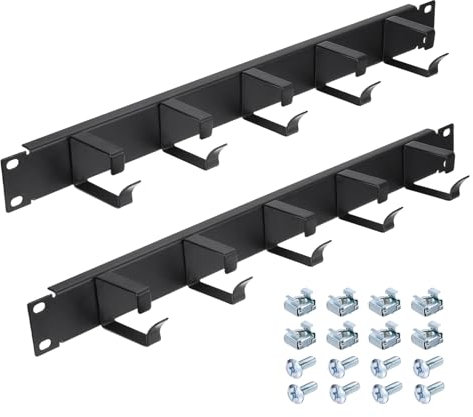 PATIKIL 1U 5 D-Ring Cable Manager, 2 Pack 19-Inch Metal Horizontal Rack Mount Metal Server Rack Wire Management for Racks, Server Cabinets, Black