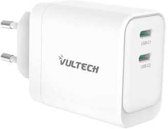 VulTech CC45-2C - Caricatore Universale 45W GaN con 2 Porte USB-C/Type-C PD3.0 QC3.0 PPS, Compatibile con iPhone,Samsung,Xiaomi,Oppo,Google Pixel,Realme, Smartphone/Tablet/Notebook - Bianco Compatto