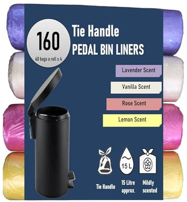 AZPE 160 Pedal Bin Liners 15l with Tie Handles, Mildy Scented Swing Bin Liners, Pedal Bin Bags with Tie Handles Suitable For Home & Office Use. Fits Bins up to 15 Litres (4 rolls of 40 bags each)
