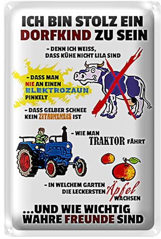 Dorfkind | Lustiges Blechschild für Bauernhof- und Landleben-Liebhaber | Tolles Geschenk für Landkinder | 30 cm x 40 cm