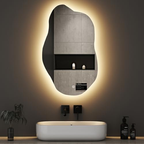 Boromal Asymmetrischer Spiegel mit Beleuchtung LED Badspiegel mit Beleuchtung 62x90cm LED Spiegel mit Licht Badezimmerspiegel mit Touch-Schalter, Dimmbar, 3 Lichtfarbe Einstellbare