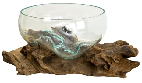 Darthome Extra Large Molten Glass Fruit Bowl On Teak Root Stand Rustic Wood Sculpture