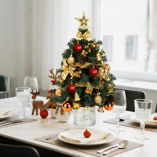 Aigostar Albero di Natale Piccolo 60 cm, Christmas Tree con 48 Decorazioni Appese, Ideale per Decorazioni Natalizie da Interno