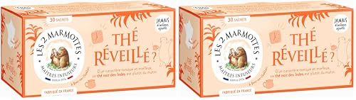 Les 2 Marmottes Thé Reveillé ? - Thé noir des Indes 100% BIO - Energisant et stimulant - Pour le petit-déjeuner - 30 Sachets par boite - Made in France - 45g (Lot de 2)