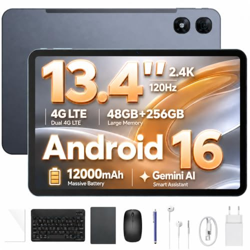 P13 Pro Tablet 13 Pollici, IPS 2.4K, 120Hz,T7280 Octa-Core, 48GB+256GB(TF 2TB), 12000mAh/18W, 16MP+8MP, 4G LTE, Gemini AI Tablet android 16, Face ID/WiFi5/GPS/FM/con Tablets Tastiera e Penna, Grigio