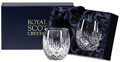 Royal Scot Crystal Edinburgh Hand Cut Glass Whisky Barrel Tumbler Set of 2 in Presentation Box 240ml 8fl oz