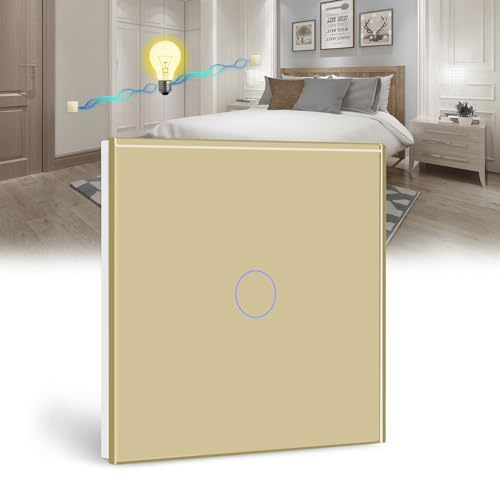 BSEED Touch Light Switch 1 Gang 2 Way, Tempered Glass Panel Light Switches with LED Indicator, Gold Touch Sensitive Light Switch-No Neutral Wire