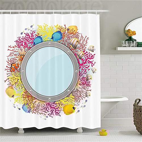 ZLWSSA 3D Waterproof Shower Curtain Lake House Decor Porthole With Underwater Fish And Colorful Corals Nautical Marine Life Concept 150x180cm