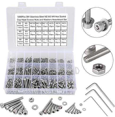 FandWay 1200Pcs 304 Stainless Steel M2 M3 M4 Hex Socket Head Cap Screws, Cheese Head Machine Screws, Internal Hex Bolts and Nuts Washers Assortment Set With 3 Hex Wrenches.(Silver)