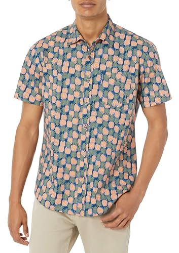 Amazon Essentials Chemise Imprimée à Manches Courtes Coupe Régulière Homme, Bleu Marine Pêche Imprimé Ananas, M