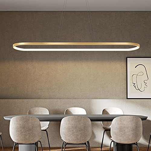 Bellastein Pendelleuchte Oval Esstisch Büro Lampen, LED Hängeleuchte Dimmbar Deckenleuchte mit Fernbedienung, Modern Ring Design Kronleuchter für Esszimmer Küchenlampe Blendfrei (L120cm, Gold)