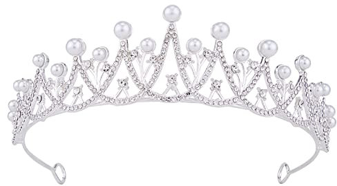 Wedding Tiara, Vofler Bride Pearl Crown - Silver Crystal Rhinestone Headband for Women Queen Ladies Flower Girls Bridal Birthday Pageant Prom Homecoming Halloween Princess Diana Costume Party