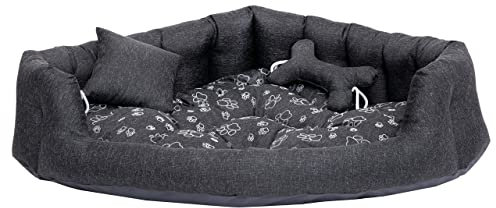 Salla Hundebett, wasserdichte und Kratzfeste Liegematte für Hunde, Schmutzabweisend, 2 Handgenähtes Hundekissen, Eckbett mit Quadratischem Kissen & Kissen in Knochenform, Graphit, 80 x 80 cm