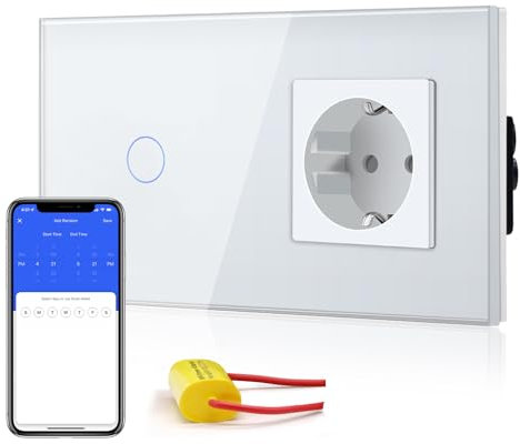 BSEED Normal Steckdose mit Smart Alexa Lichtschalter,Unterputz Senkrecht Glas Schuko Steckdose(Non-WiFi),Single Live Wifi Touch Lichtschalter 1 Fach 1 Weg Weiß