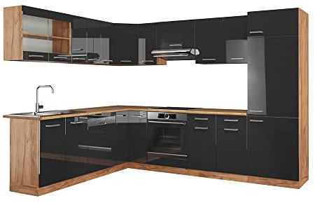 Vicco Eckküche R-Line, Anthrazit Hochglanz/Goldkraft Eiche, 227 x 287 cm ohne Arbeitsplatte