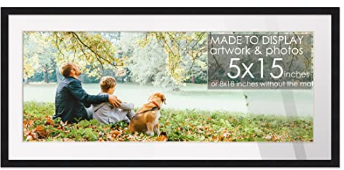 5x15 Black Wood Frame with White Mat | Matted 8x18 to 5x15 | UV Acrylic Shatter Guard, Foam Board Backing, Wall Hanging Hardware - Solid Pine