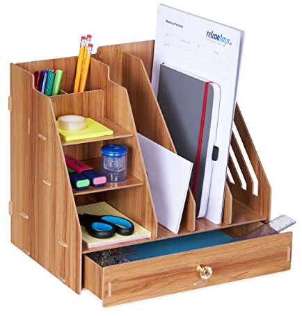Relaxdays Organiseur bureau, 3 porte-documents, 3 étagères, 2 porte-stylos, 1 tiroir, école, DIY, MDF, marron foncé