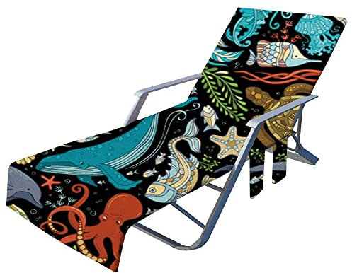 Highdi Beach Chair Cover Towel, Sun Lounger Cover, Polyester, Ocean World, Not Water Resistant, 75x210cm