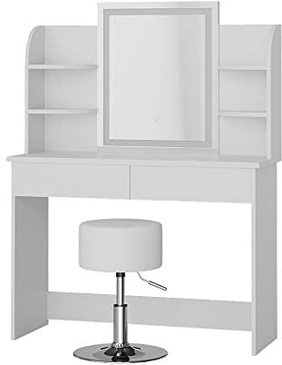 Vicco Schminktisch Charlotte, Kosmetiktisch mit Spiegel, Weiß, 106 cm mit LED-Spiegel und Hocker