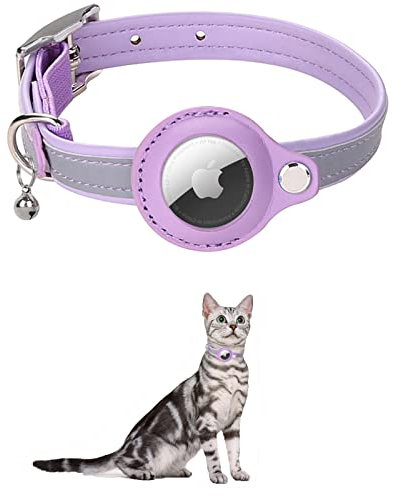 KOCNYDEY Leder reflektierende AirTag Katze Halsband, Anti-Lost Katze Halsband mit Einstellbarer Halterung & Bell integriert Apple Air Tag Katzenhalsband für Katzen kleine Hunde Lila