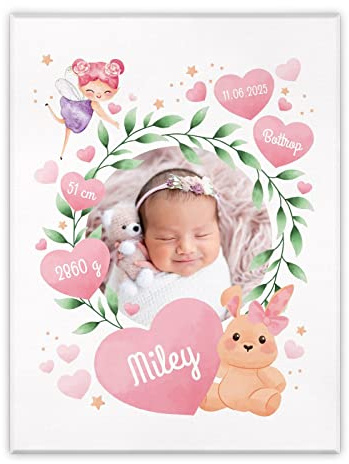 Maverton Fotoleinwand mit eigenem Foto, personalisiertes Fotocollage | Mit Holzrahmen, Größe 30x40 oder 50x70, Wandbild auf Leinwand für für Mädchen, für Frauen, Geburt, 30 x 40 cm
