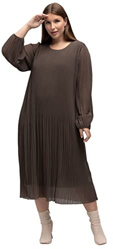 Ulla Popken Damen große Größen Übergrößen Plus Size Plissee-Midikleid, A-Linie, Rundhals, Langarm 812881