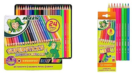 JOLLY Supersticks Classic Farbstifte | Metallic-Mix & Superstick Neon Buntstifte Farbstifte | Kinderfest und Bruchsicher | Ungiftig | extra dicke Mine | 8 Stifte im Kartonetui