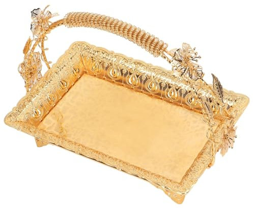 Bandeja Decorativa Dorada, Bandeja De Servicio con Mango Largo, Minicesta De Frutas, Bandeja De Servicio De Metal para Desayuno, Café, Té, Aperitivos