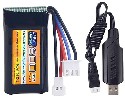 1PCS 7.4V 600mAh 35C 2S Lipo Akku mit Molex Stecker und USB Ladegerät passend für FMS FCX24 RC Autos, LKW, Fernbedienung elektrische Kletterfahrzeuge FCX24