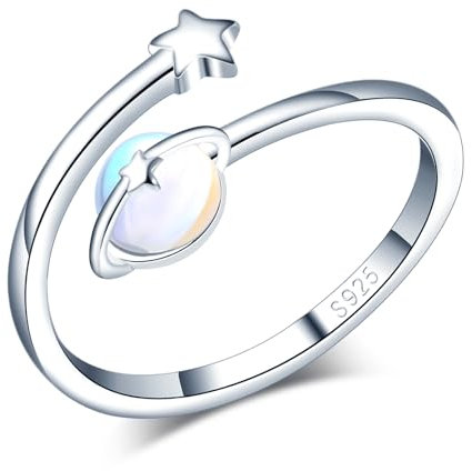 VIKILEE Damen Ringe S925 Sterling Silber Ringe Mondstein Einstellung Planeten und Sterne Verzierungen Einstellbare Größe Geschenk für Freundin Jahrestag Hochzeit Ringe