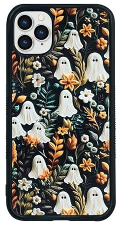 Cute Small Spooky Halloween Ghost Phone Case, Flower Ghost iPhone 11 Pro Max Case, Non-Slip Pattern Design, Soft Silica Gel Frame Support Phone Case for Teen Girls and Boys, Women and Men