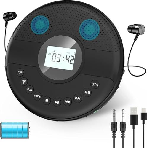 Gueray Lettore CD Portatile Bluetooth 1500mAh Ricaricabile con Doppio Altoparlante, Lettore CD Walkman con Cuffie e Cavo AUX per l'Auto, Lettore CD Personale con Protezione Antiscossa e Display LCD
