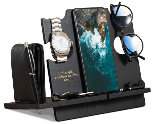 LAC Docking Station Personalizzata in Legno - Idee Regali Uomo Compleanno, Anniversario - Porta Oggetti Organizer Scrivania Regalo Idee Regalo Papà Personalizzato (Nero)
