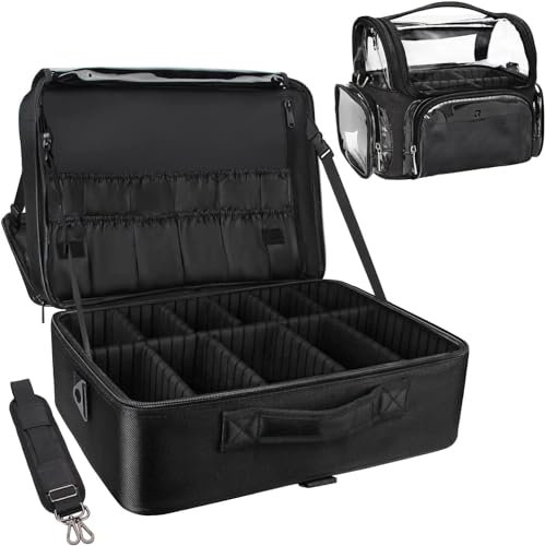 Relavel Extra Large Makeup Case with 4 Pcs Makeup Bags, Professional Artist Set Portable Nail Organiser Box Art Supply Case with Adjustable Dividers (Combination B - Case + Clear Brush Bag)
