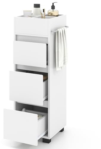 COSTWAY Bathroom Floor Cabinet, Freestanding Narrow Storage Cupboard with 3 Drawers, 4 Compartments and Towel Rack, Wooden Slim Bathroom Unit Side Cabinet for Living Room Hallway, 30x30x90cm, White