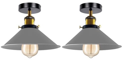 Pack of 2 Vintage Semi Flush Mount Ceiling Light with 22cm Grey Metal Cone Lampshade E27 Lamp Socket Light Fitting for Kitchen Living Room Bedroom With EPC A+ Bulb Easy Fit Anti Rust Durable Metal