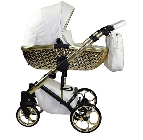 Ritmo Trio BBtwin Kinderwagen aus Kunstleder mit goldenen oder silbernen Akzenten, 3-teilig, 3-in-1 Öko-Leder, komplett mit Zubehör, Weiß